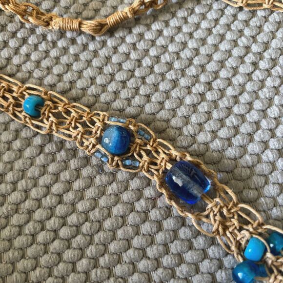 Macrame 16" Blue Glass Bead Necklace, Jewels, Handmade, Boho Style, Hippy Style - Picture 4 of 5